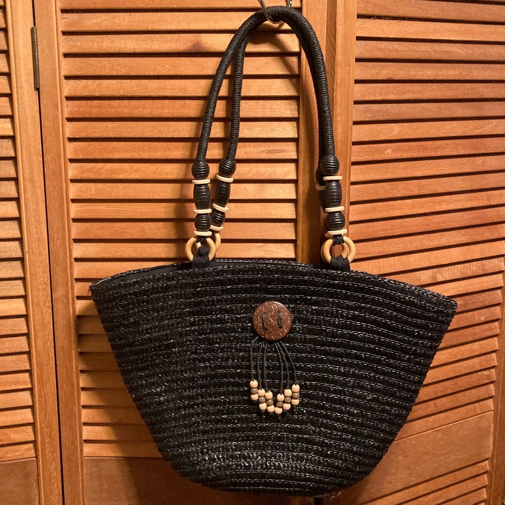 Vintage Sun N Sand Black Woven Straw Shoulder Bag